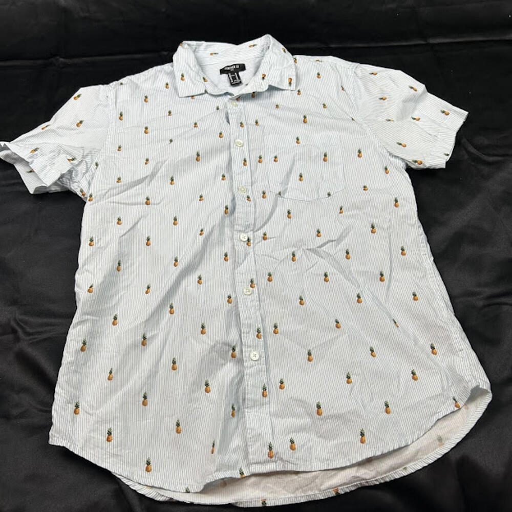 Forever 21 Mens‎ M White Blue Stripe Pineapple Button Up Shirt